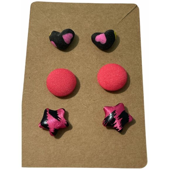 Fabric Covered Button Earring Stud Set Pink Black Set Hearts Stars Round Circles - Picture 1 of 5